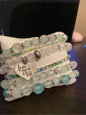 Inspirational Love Your Life beaded & rhinestone tennis stretch bracelet set